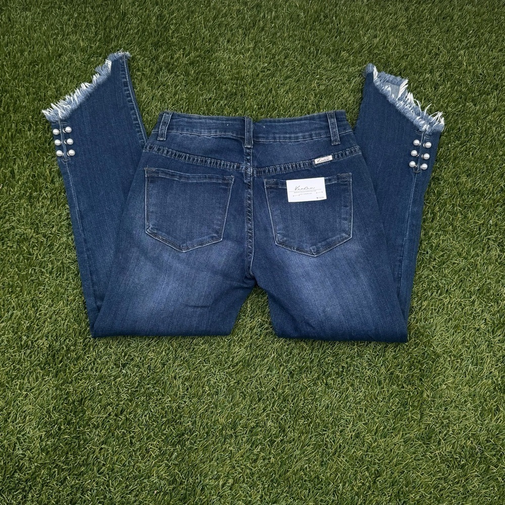 Kancan Blue Ankle Cropped Jeans with Frayed Hem and Pearl Detail - Picture 7 of 15